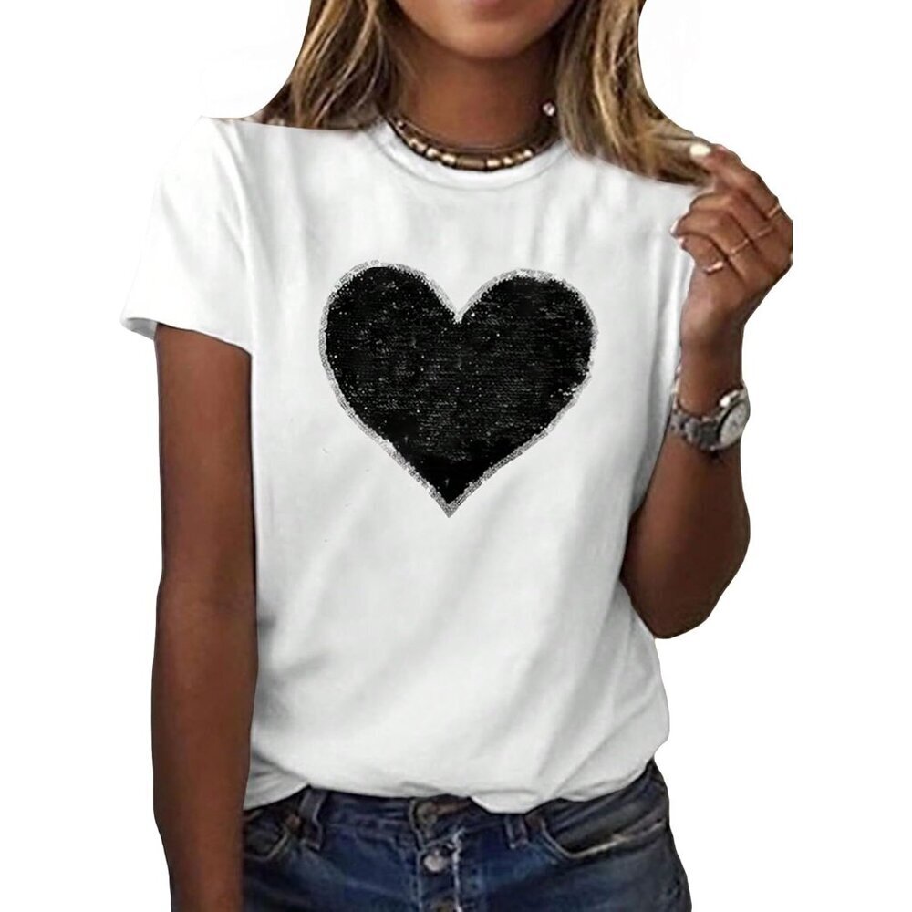 Women's Glitter Heart Print T Shirt Casual Short Sleeve Top for Parties & Daily